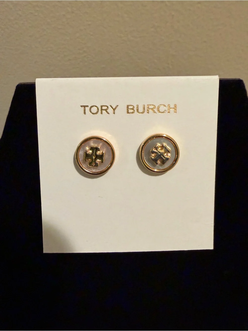 Tory Burch mother of pearl and Gold Logo Round Stud Earrings